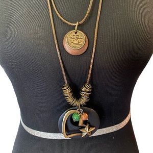 Boho jewelry wood, brass & leather 2 strand 16 inch necklace, green & brown bead